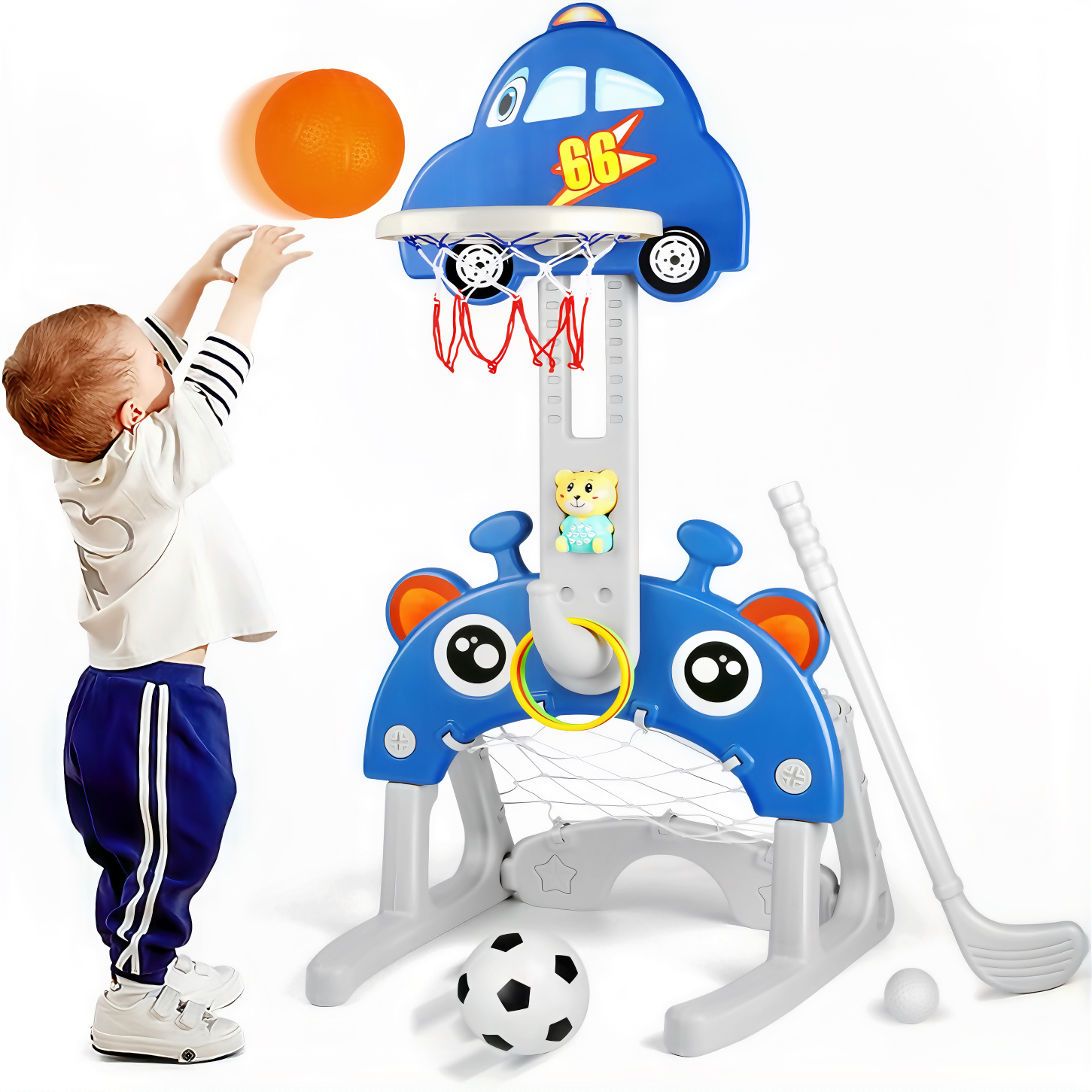 Carsky 5 in 1 Sports Activity Center for Toddlers, Adjustable Height Basketball Hoop, Toy Golf, Soccer Game&Ring Toss, Indoor/Outdoor Christmas Birthday Gifts for Boys&Girls Aged 3-6