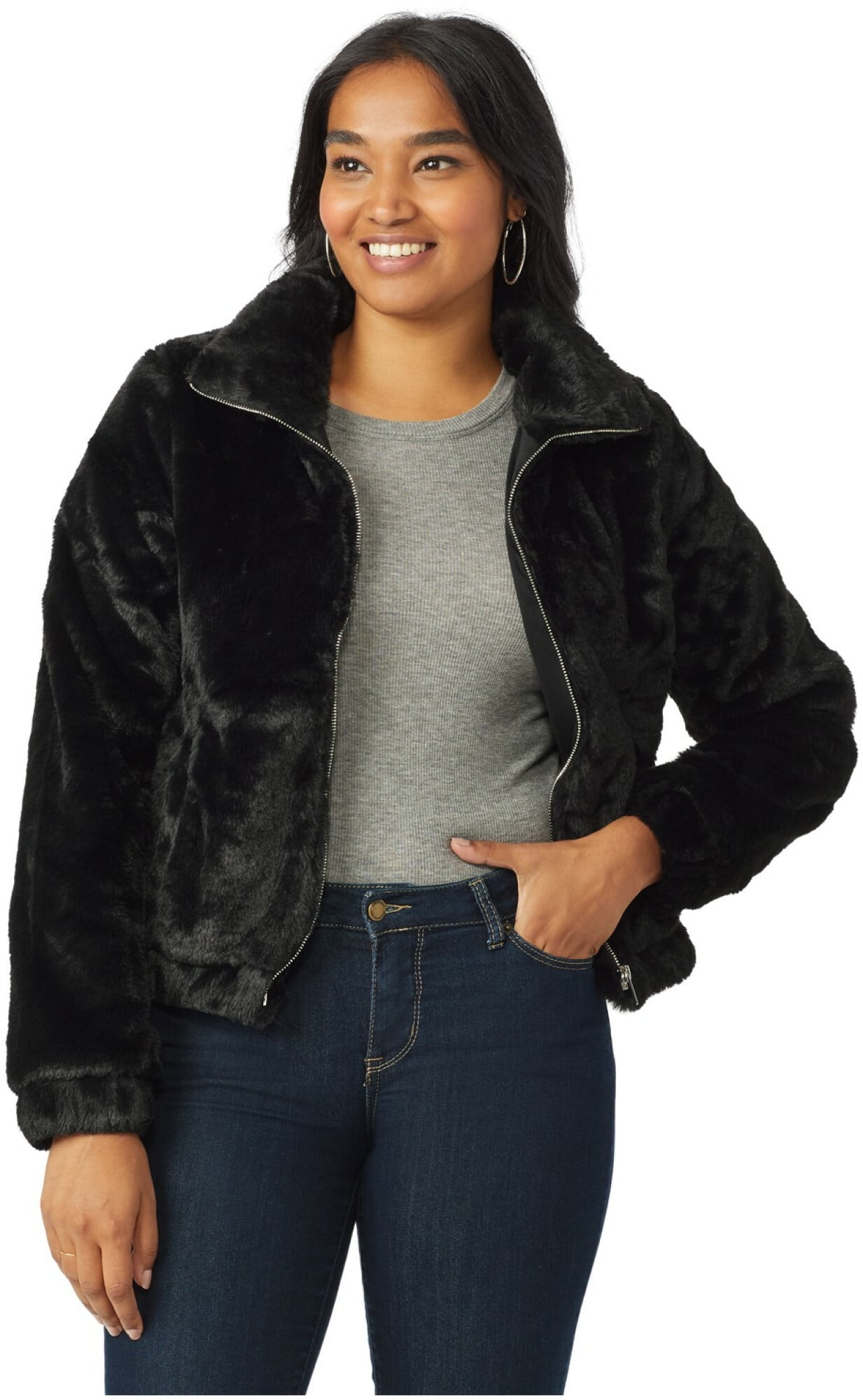 womens black faux fur bomber jacket