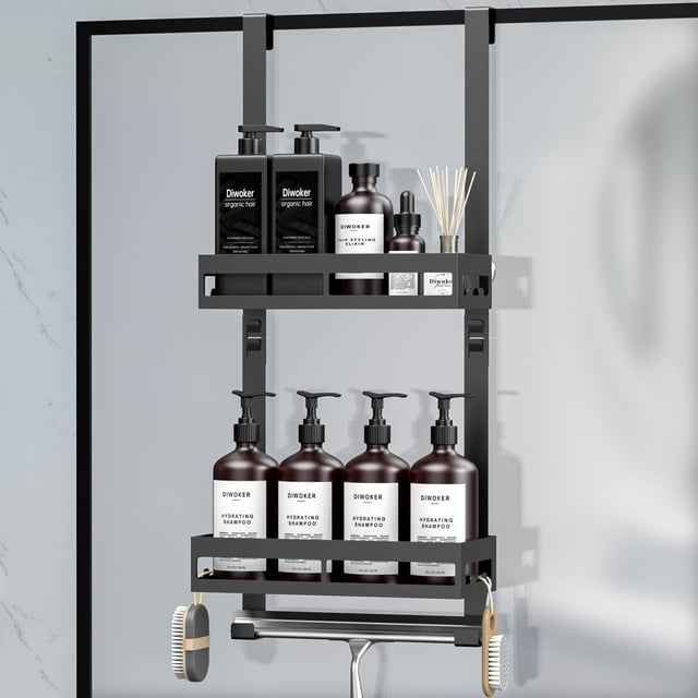 Estante de ducha para colgar sin taladrar organizador de baño con 2 cestas soporte de champú color negro