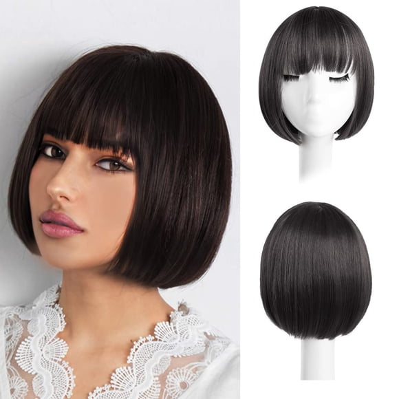 Short Black Bob Wigs, 10" Straight with Flat Bangs Synthetic Colorful Cosplay Daily Party Wig for Women Natural As Real Hair (Free Wig Cap)