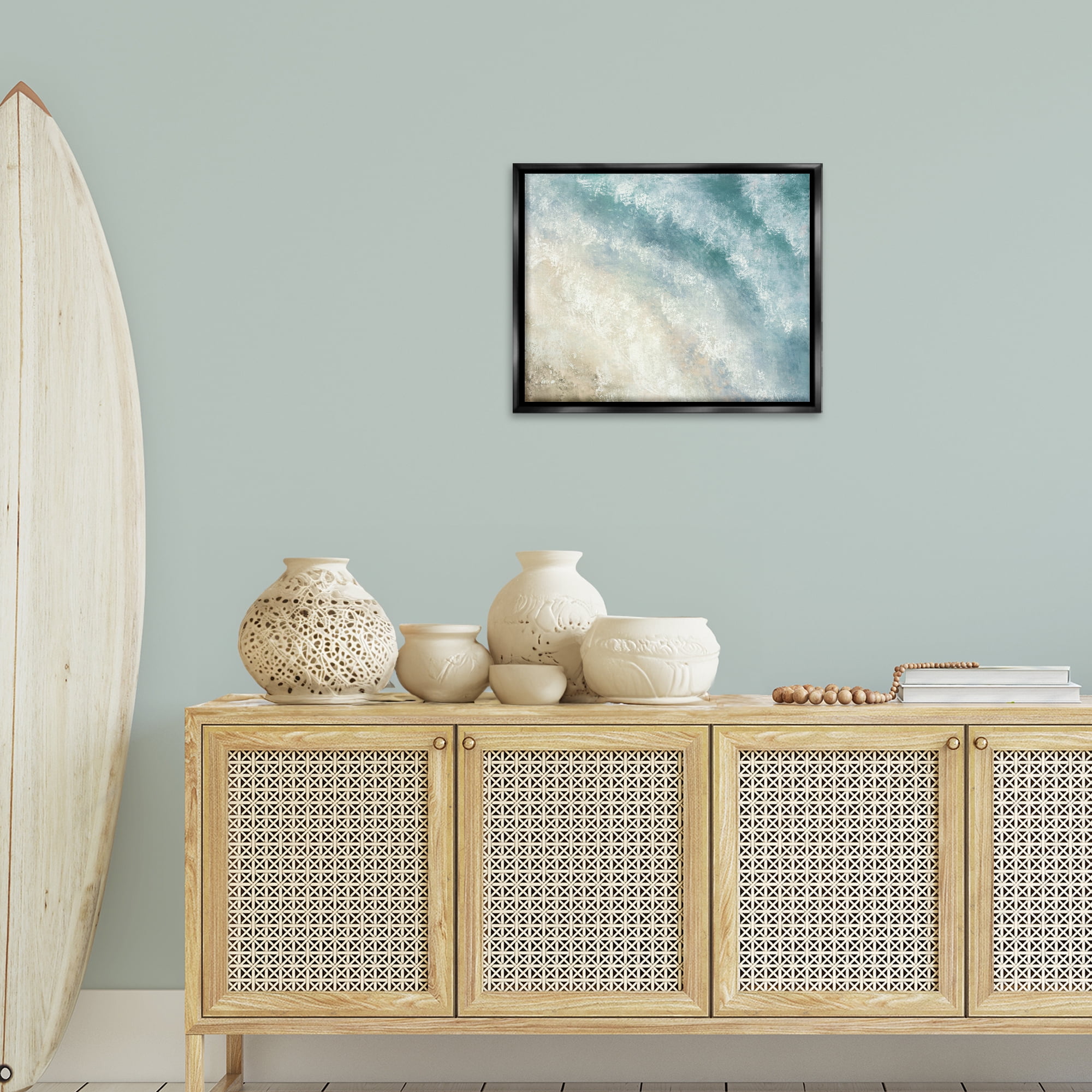 Stupell Industries Aerial Shore Foamy Waves Nautical & Beach Painting Black Floater Framed Canvas Art Print Wall Art, 21 x 17