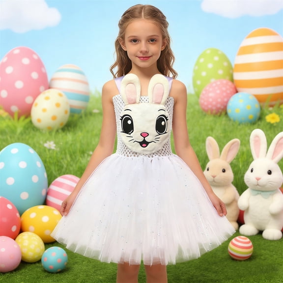 HAYIMI Kids Easter Party Dress For Girls Bunny Tutu Outfit Sets With Ears And Floral Applique Performance Holiday Celebration Lovely Child O-Neck Cartoon Clothes Sets