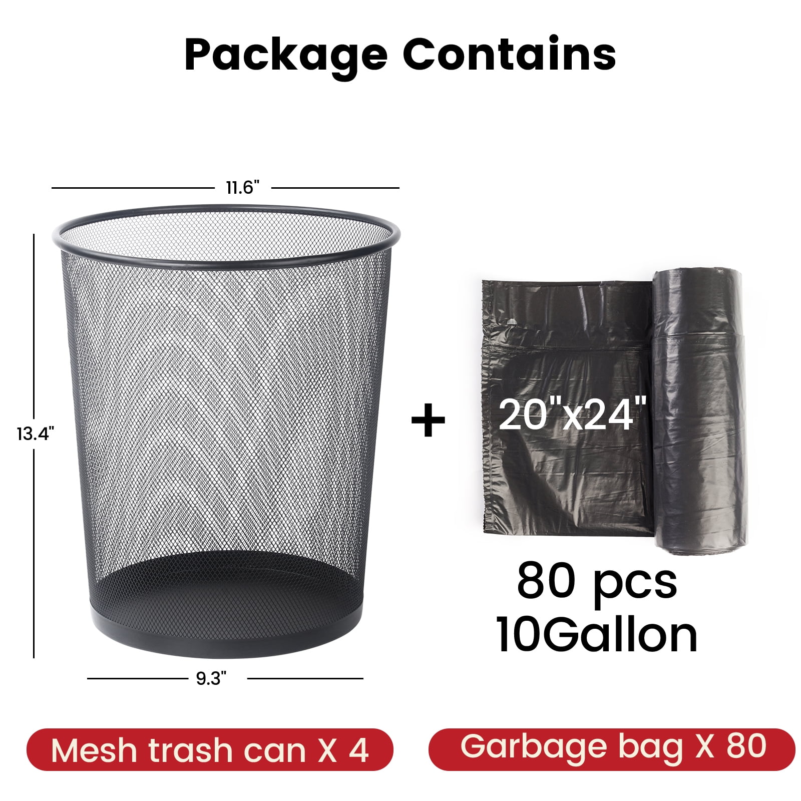 Gamexcel 5-Gallon Metal Mesh Trash Can 4 Pack, Round Open Top Black Waste Basket for Office, Bedroom and Bathroom