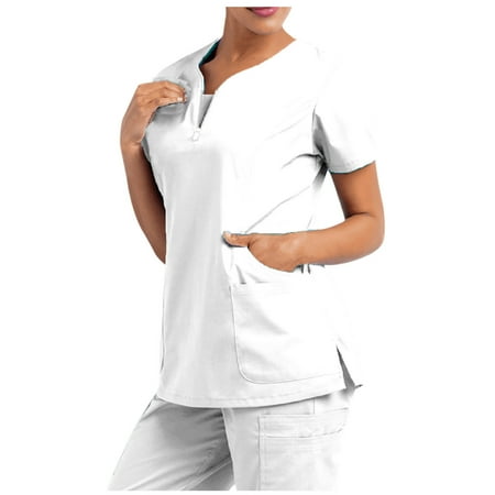 

Scrub Tops for Women Fashion Solid Color Short Sleeve V Neck Breathable Work Nurse Uniform Scrub Tops with Pockets