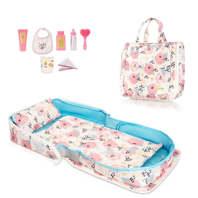 Baby Doll Bed HappyVK, capazo portátil para muñecas, rosas rosas