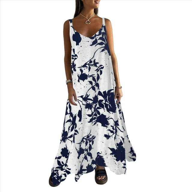 Vestido Maxi Bohemio de Verano con Tirantes Finos, Sin Mangas, Cuello en V, Floral, para Mujer, para Vacaciones, , Talla L
