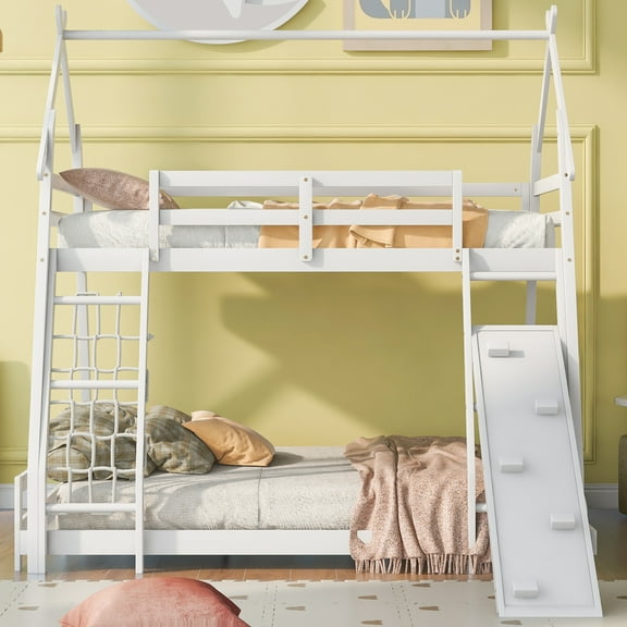 Twin over Queen House Bunk Bed with Climbing Nets and Ramp, Playful Solid Wood Bunk Bed Frame, Adventure Loft Bed for Shared Rooms & Small Spaces,White Finish