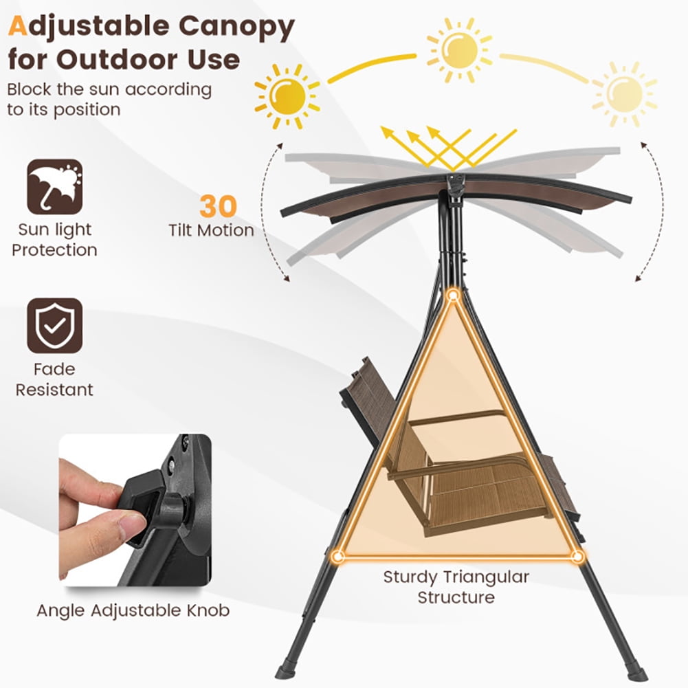 Aimee Lii 2 Person Porch Swing with Adjustable Canopy and Padded Seat, Outdoor Swing for Adults, Brown