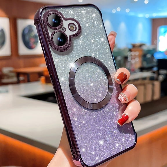 For iPhone 16 Magnetic Gradient Glitter Case Compatible with Magsafe Charging Luxury Plating Cute Bling Clear Cover for Women Girls Soft TPU Slim Shockproof Phone Case,Darkpurple