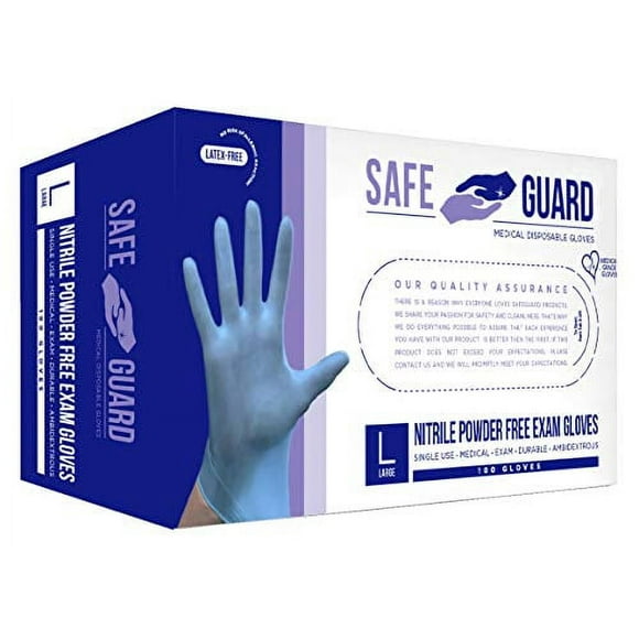 Safeguard Nitrile Exam Gloves, Powder Free, Medical Grade Gloves, Latex Free, Dispenser Pack, Large Size in Blue, 100 Count