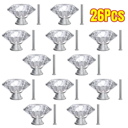 26 Pcs Diamond Shape Crystal Glass Cabinet Knobs with Screws Drawer Knob Pull Handle Used for Kitchen, Dresser, Door, Cupboard