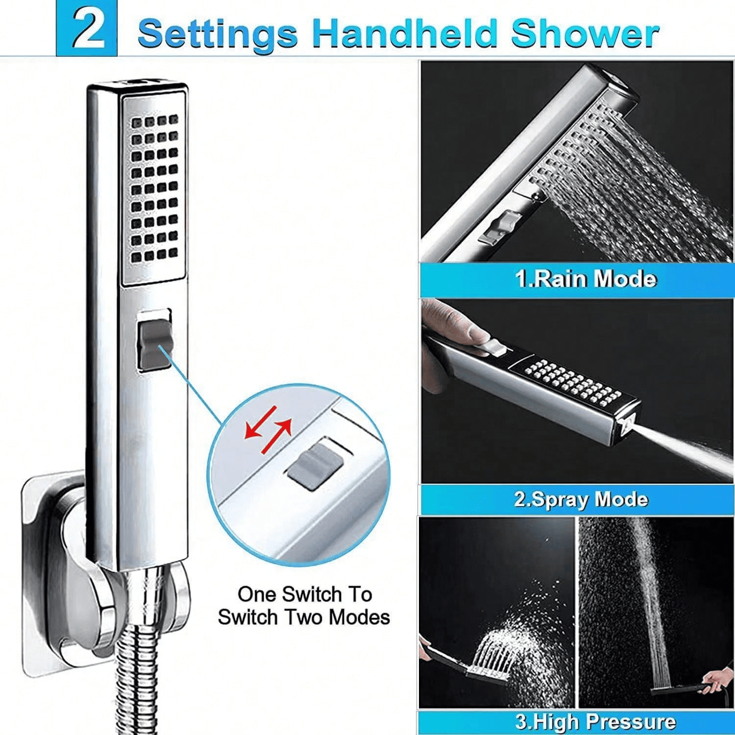 Shower Head with Hose, 8'' High Pressure Rain Shower Head, Handheld Shower Head Combo, 2+1 Spray Settings Adjustable Shower Head with Holder, Height/Angle Adjustable