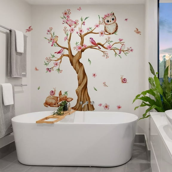 Cherry Blossom Tree Wall Stickers Decals owl wall decals Peel and Stick Removable Wall Stickers for Kids Nursery Bedroom Living Room decal Floral owl Furniture Art Baby Birch