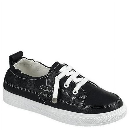 

Women Genuine Leather High Quality Low Top Sneakers Lace Up Shoes Snap Heel Counter Black