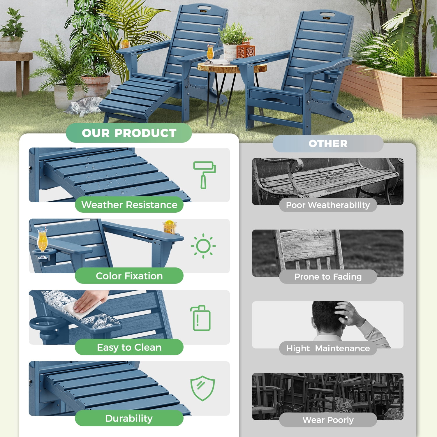 Folding Adirondack Chair with Ottoman Set of 2 HDPE Outdoor Chair Pull Out Footrest with 2 Cup Holders Garden Lawn Navy