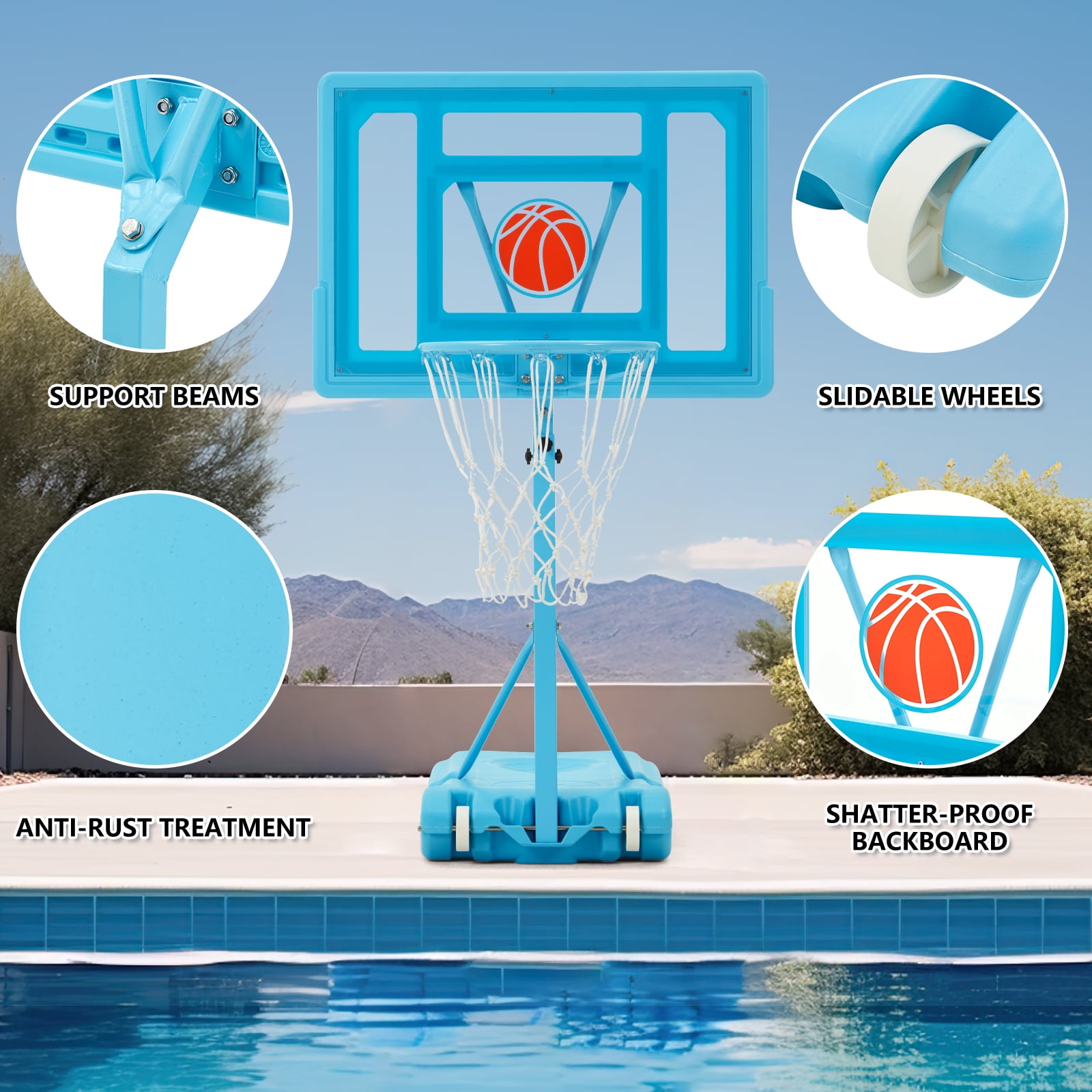 Danrelax 3.1-4.1FT Adjustable Pool Basketball Hoop, 32"x23" Backboard, Portable, Blue