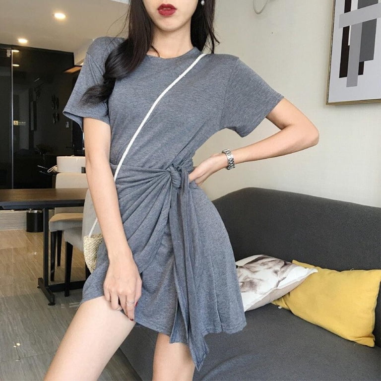 KOOYET Women Summer Slim O-Neck Lace Up Dress Korean Style Short Sleeve  Solid Casual Asymmetrical Dresses - Walmart.com