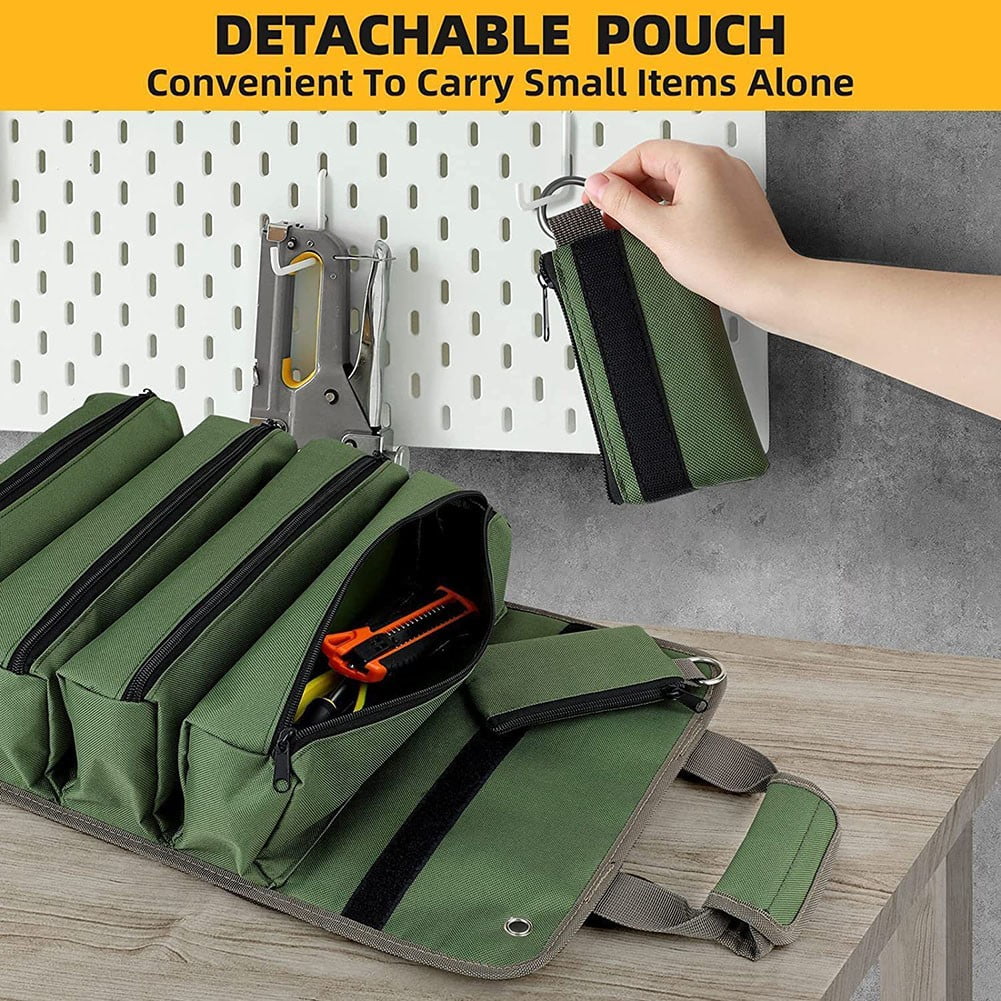 Rolling Tool Bag Tool Roll Up Bag 2 Removable Tool Pockets 4 Large Tool Compartments Waterproof For Car Repair Green Smile Home