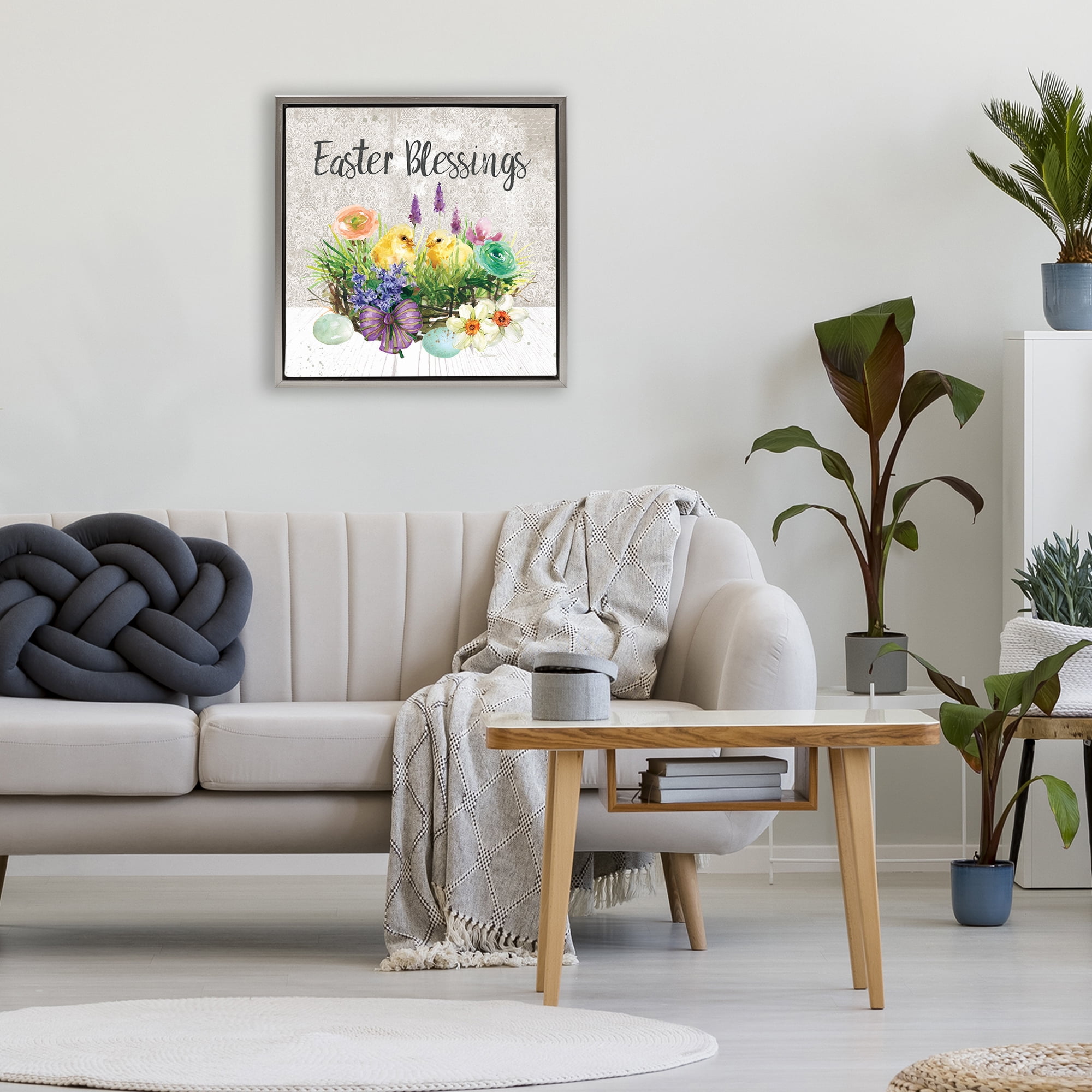 Stupell Industries Easter Blessings Basket of Flowers Gray Framed Floater Canvas Wall Art, design by Carol Robinson