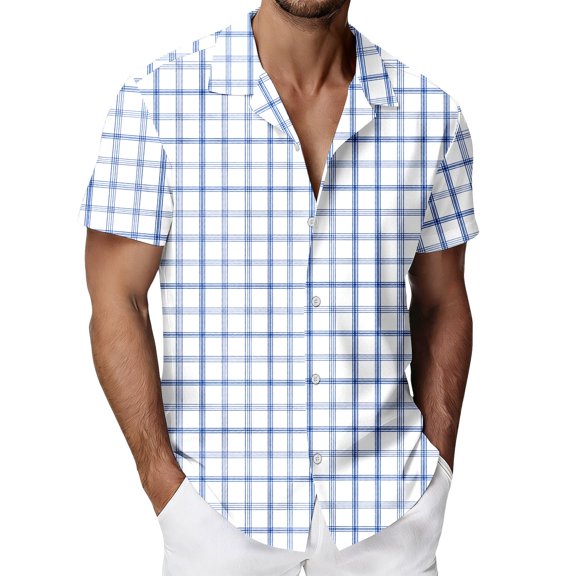 IWRICH Mens Plaid Button down Plus Size Shirts Short Sleeve Casual Summer Shirt Dress Shirts with Pocket 12-White XL