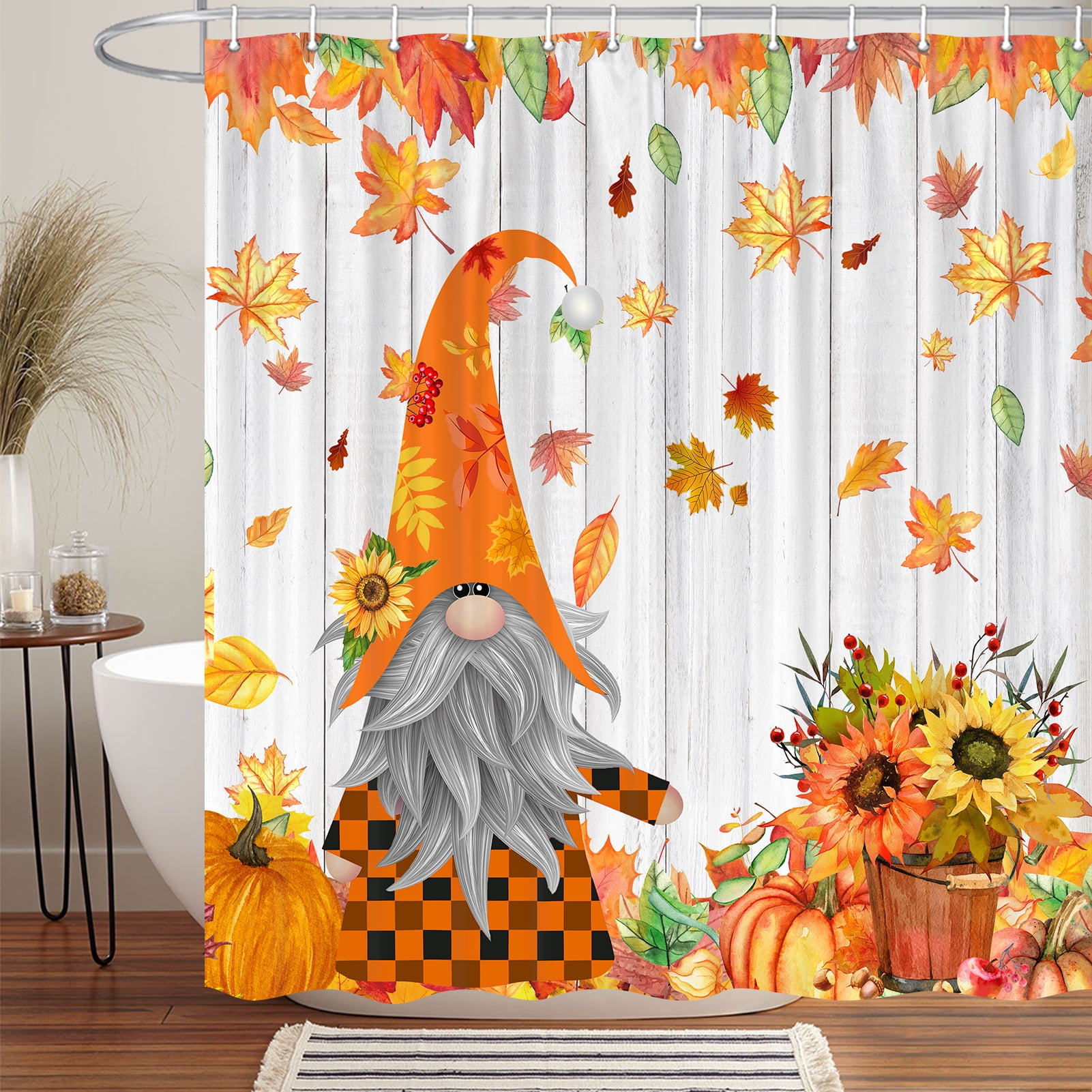 Fall Gnome Shower Curtain, Cute Farmhouse Autumn Pumpkin Sunflower Fabric Shower Curtains Set