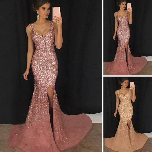 BAETEUY Women Evening Dress - Deep V Neck Split Hem Sequin Skinny Fishtail Hem Prom Dress