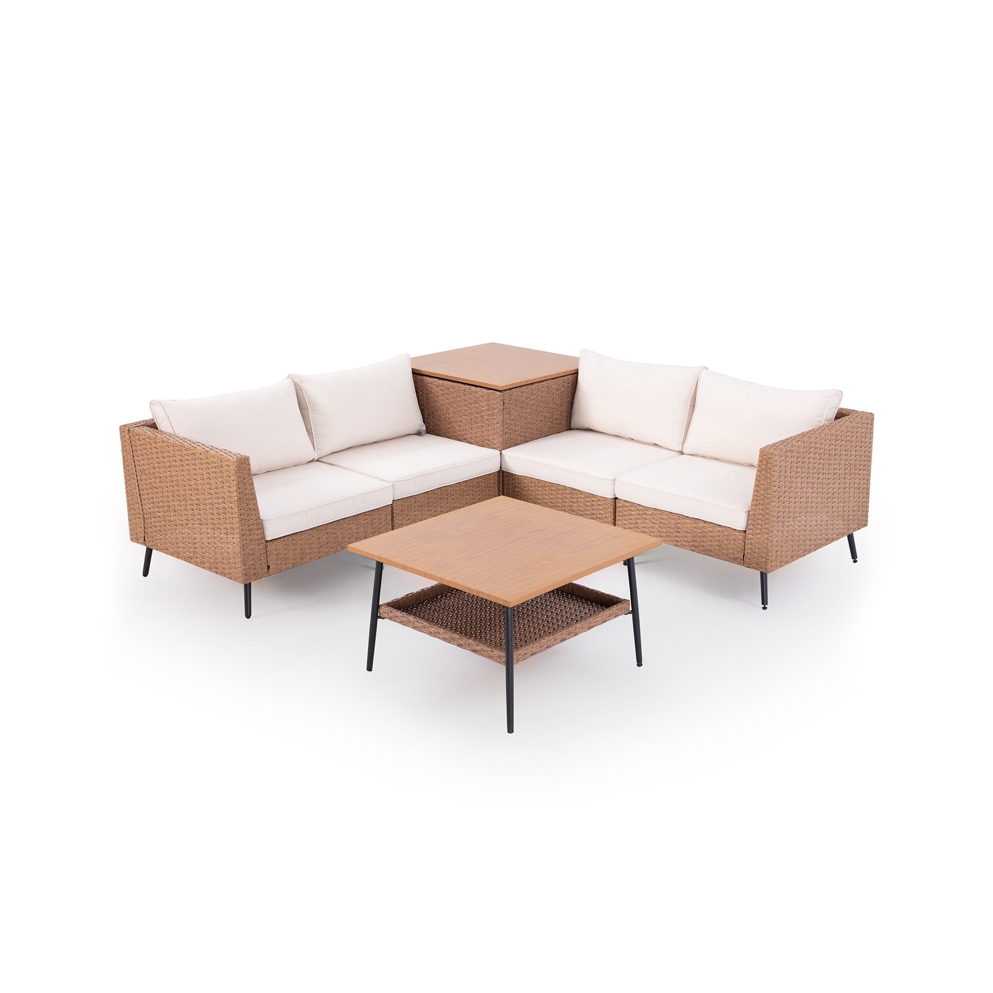 LAUSAINT HOME 6-Piece Patio Furniture Set, Outdoor Wicker Conversation Set with Storage Box and Beige Cushions