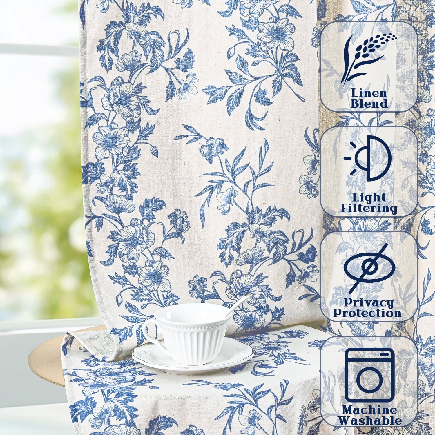 Alishomtll Floral Curtains for Living Room Farmhouse Country Linen Curtains Light Filtering Window Drapes,Blue ,52"x63", 2 Panels