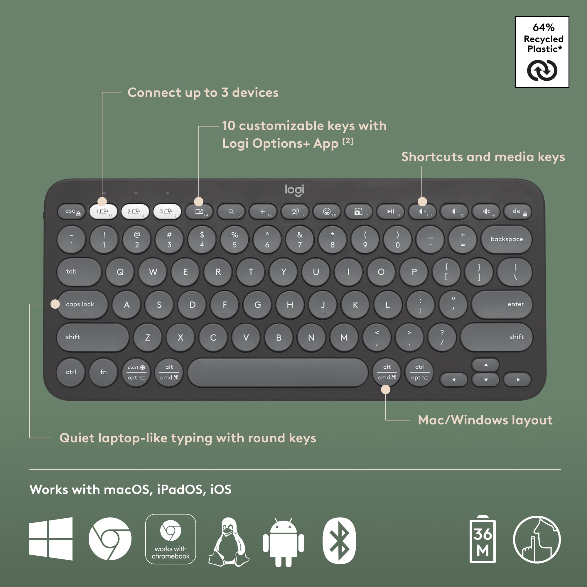 Logitech Pebble Keys 2 K380s, Multi-Device Bluetooth Wireless Keyboard with Customizable Shortcuts, Slim and Portable, Tonal Graphite
