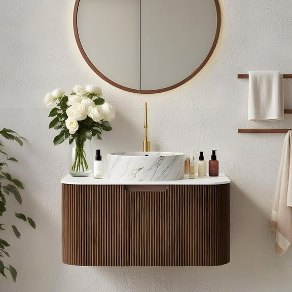 30 in Floating Bathroom Vanity with Sink - Curved Edge Design, Dark Walnut Woodgrain & Ceramic Basin, Pre-Assembled