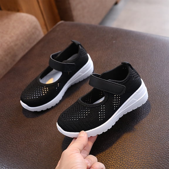 HTHLVMD Mesh Fly Woven Sneakers, Kids Mesh Fly Woven Sports Sneakers Unisex Boys Girls Breathable Hook Loop Running Shoes Summer Lightweight Casual Athletic Walking Trainers, Black 6.5C