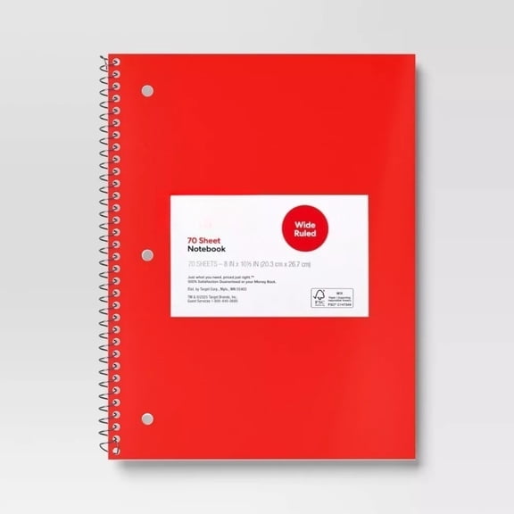 Subject Spiral Notebook Wide Ruled Red
