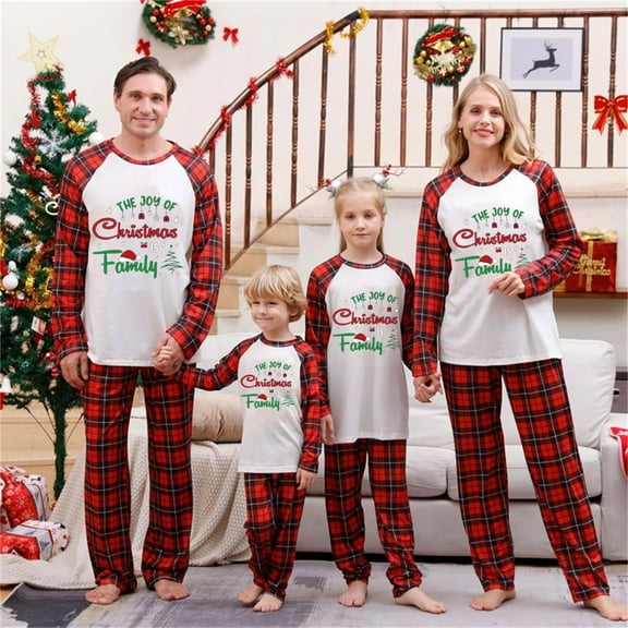 Wyobmus 2024 Family Christmas Pajamas Matching Sets Christmas Pajamas With Leteer Print Long Sleeve Top and Plaid Pants Holiday Xmas Jammies for Dad