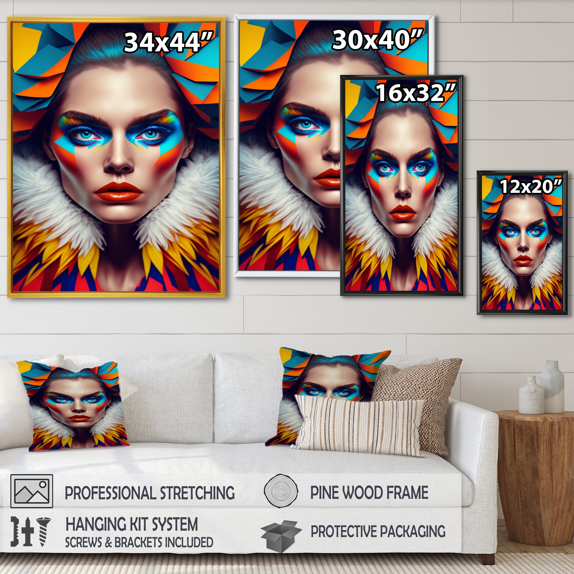 Designart Colorful Sensual Woman In Fur Coat I Floating Frame Wall Art