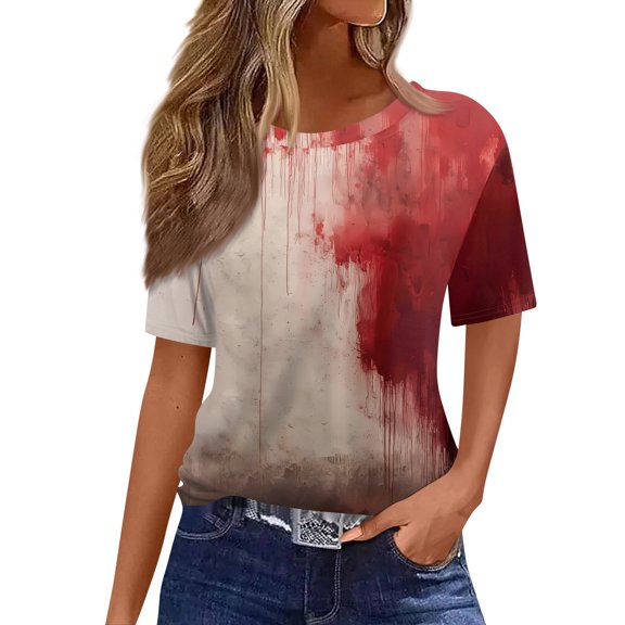 WTOBBY Women's Casual Short Sleeve Pullover Top with Round Neck, Featuring Bloody Halloween Print for Seasonal Fashion,Perfect for Costume Events, Soft and Stylish Apparel,Beige L