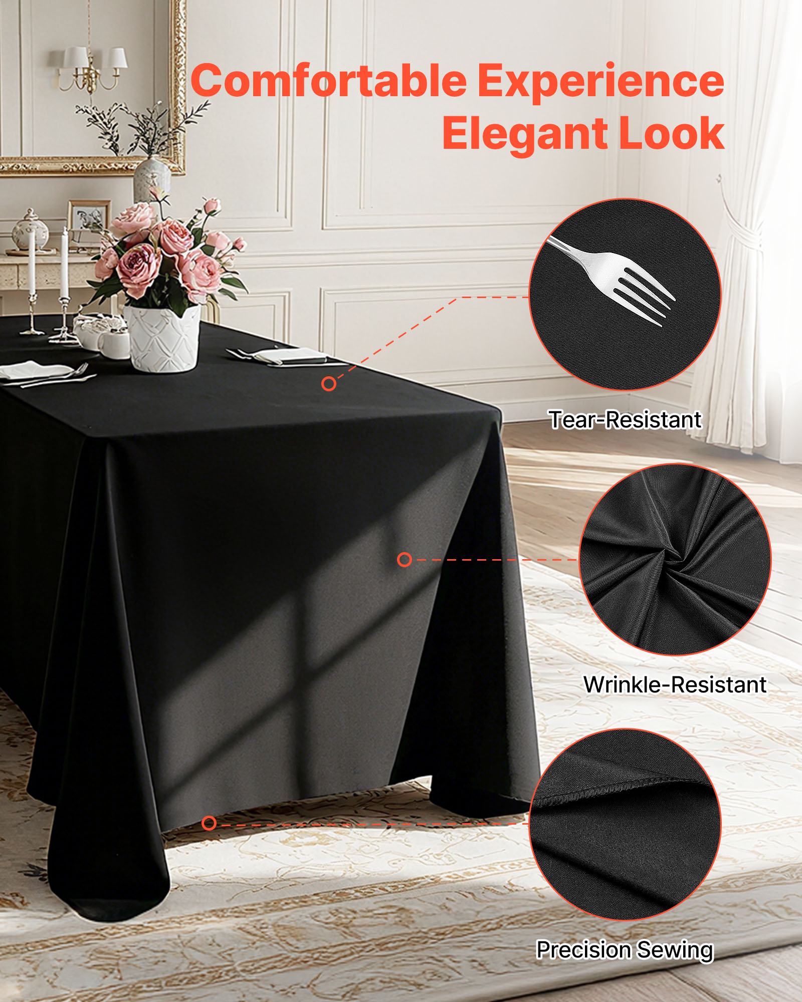 VEVOR Black Tablecloths for Rectangle Tables, 6 Pack, 70 x 120 Inches, Reusable and Machine Washable Table Clothes, Wrinkle-Resistant Polyester Fabric Table Covers for Wedding, Party, Banquet