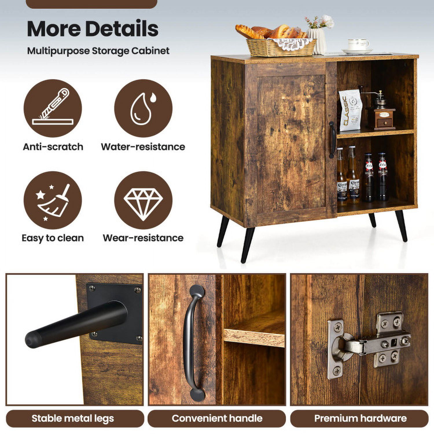 Finihen Kitchen Storage Cabinet, Buffet Sideboard, Mid-century Storage Cabinet with Single Door and Adjustable Shelves, for Dining Room, Kitchen, Living Room, Rustic Brown Finihen Kitchen Storage Cabinet, Buffet Sideboard, Mid-century Storage Cabinet with Single Door and Adjustable Shelves, for Dining Room, Kitchen, Living Room, Rustic Brown