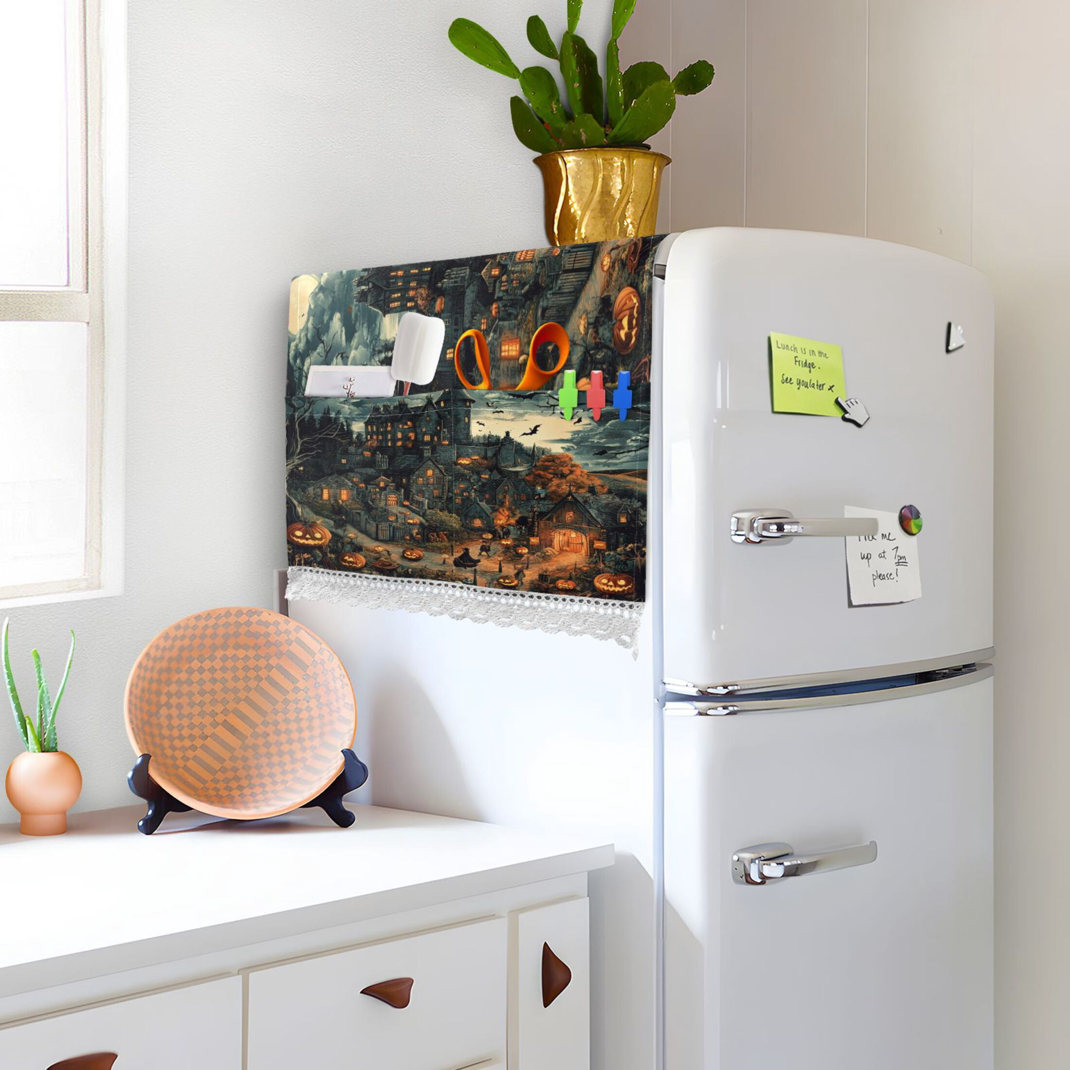 Pumpkinhead CastleWasher and Dryer Covers Dust-Proof and Oil Resistant Fridge Cover with 4 Storage Pockets Washing Machine Top Cover for Laundry Kitchen Home 51.2 x 22 In