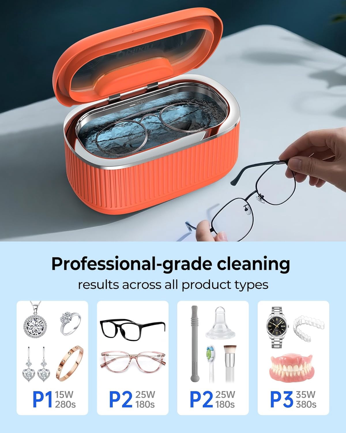 Ultrasonic Jewelry Cleaner 35W 45KHz – for Retainers, Eyeglasses & Dentures, 20oz 304SS Tank, 5 Timer Modes (Orange)