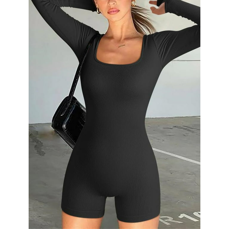 Women's Workout Seamless Jumpsuit Yoga Ribbed Bodycon One Piece Long Sleeve  Square Neck Shorts Romper Gym Unitard Playsuit 