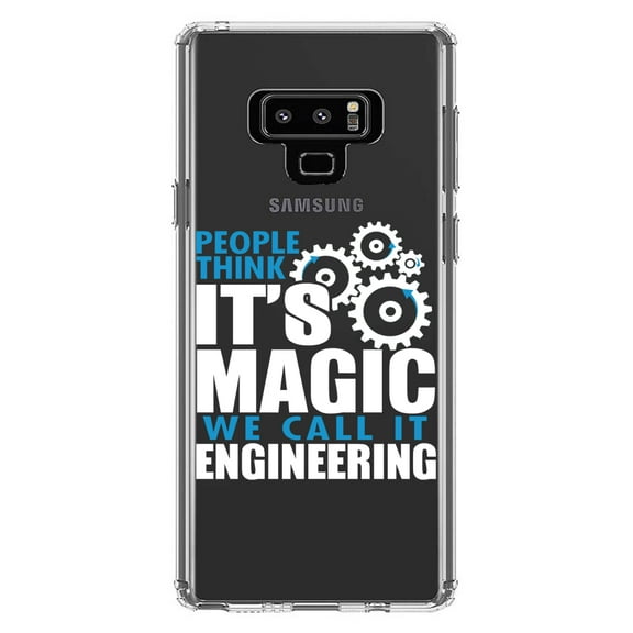 DistinctInk Clear Shockproof Hybrid Case for Samsung Galaxy Note 9 - TPU Bumper Acrylic Back Tempered Glass Screen Protector - People Think It's Magic It's Engineering