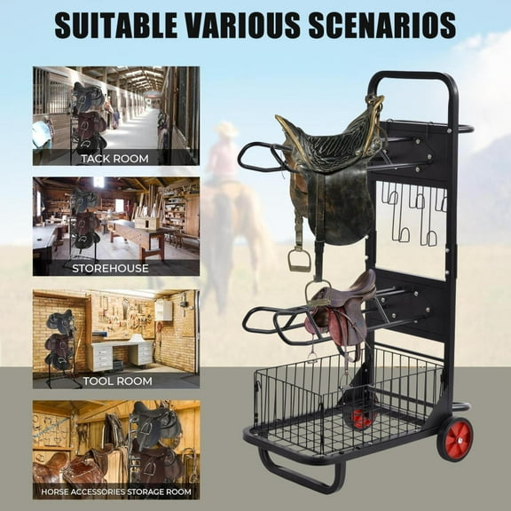 Kagrote Portable Saddle Cart with Wheels, Rust-Resistant Coating Iron Frame, for Equestrian Gear
