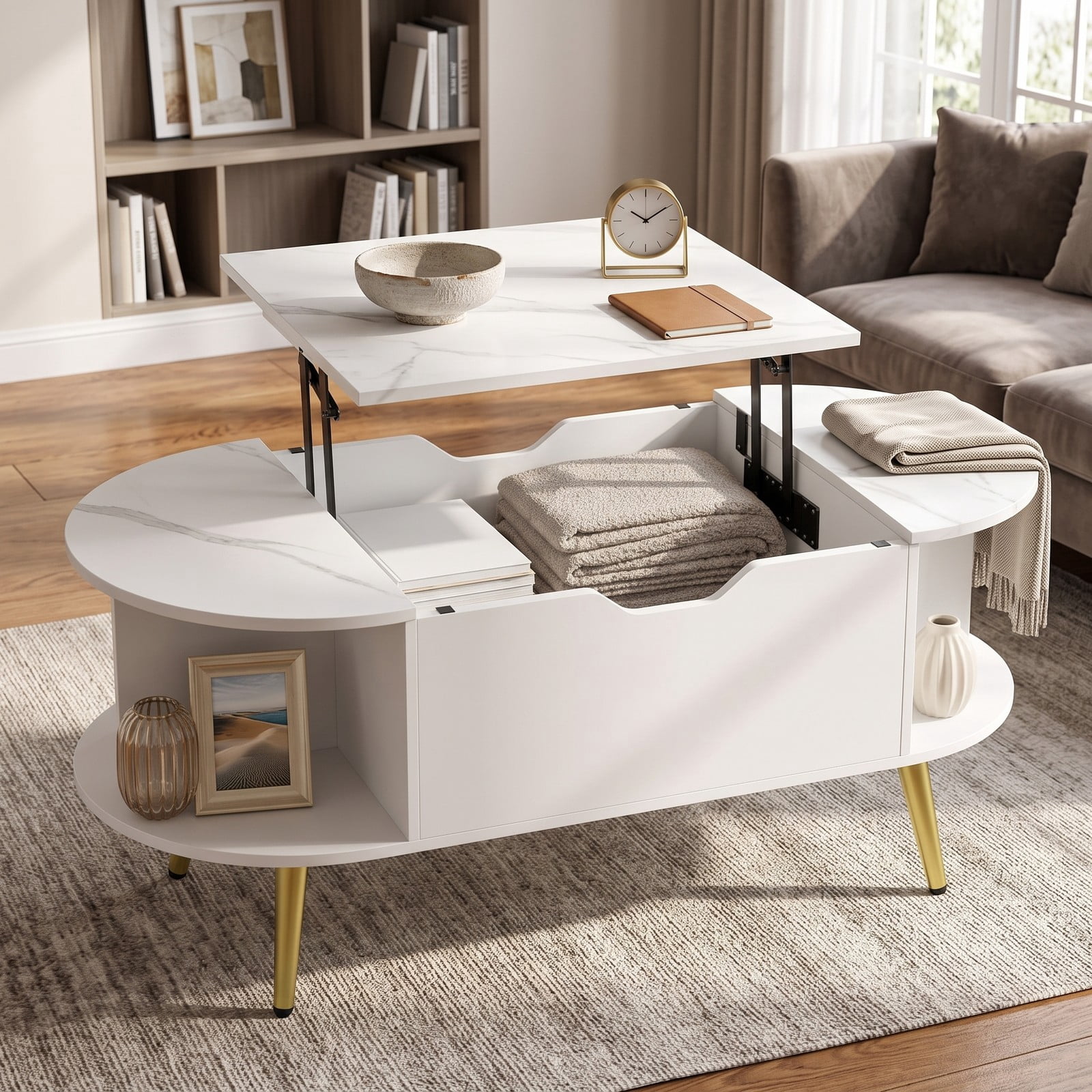 Furnibear Faux Marble Lift Top Coffee Table with Hidden Compartment and Side Shelves, 2-in-1 Rectangle Storage Center Table for Living Room, Engineered Wood &, White