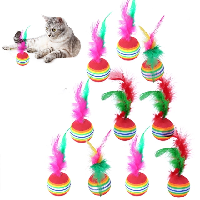 10PCS Cat Ball Toy Fake Feather Rainbow Design Cat Play Toy Cat Interactive Toy