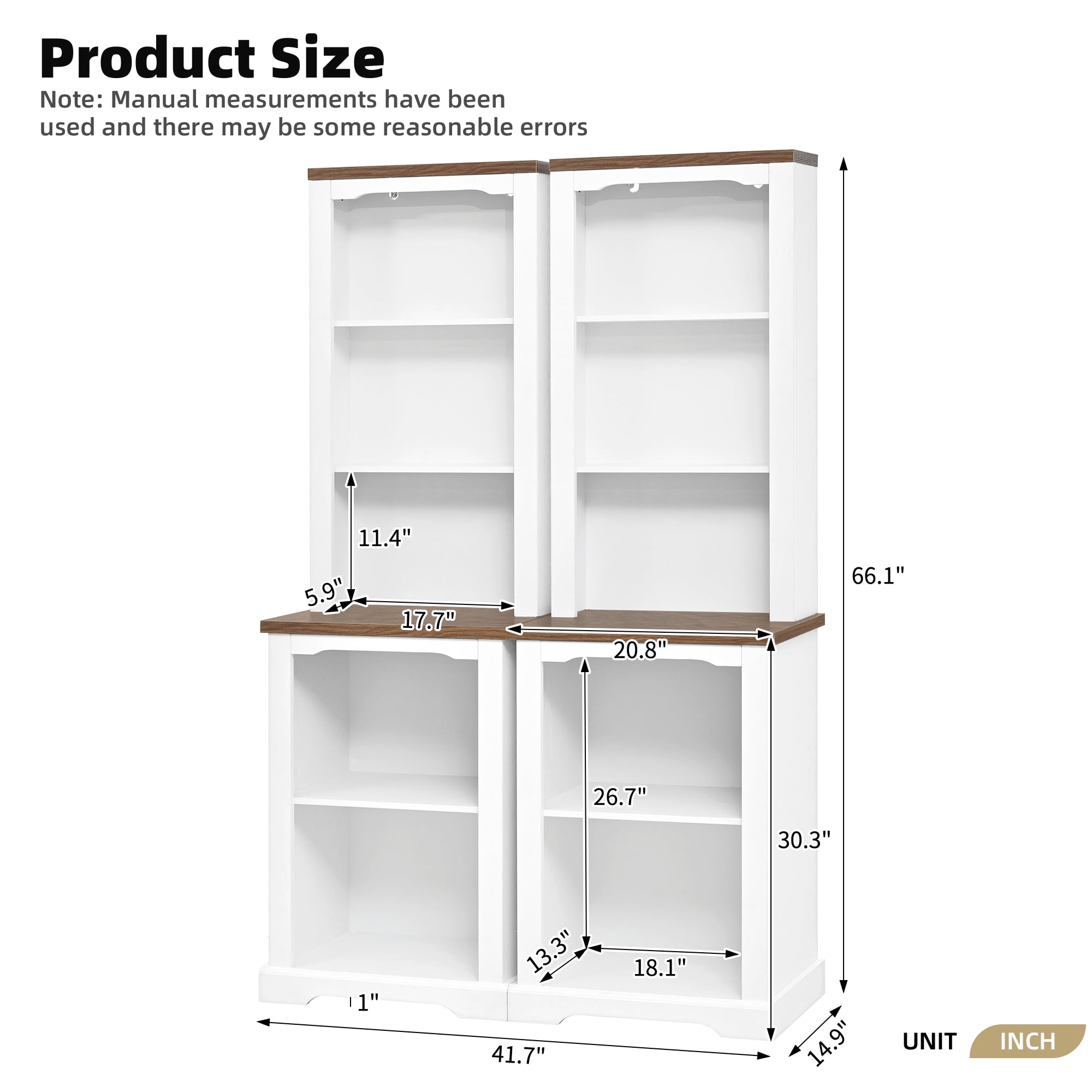 Homy Casa 66 Inch 2 Piece Storage Cabinet Set with Open Shelves and Walnut Top for Living Room White