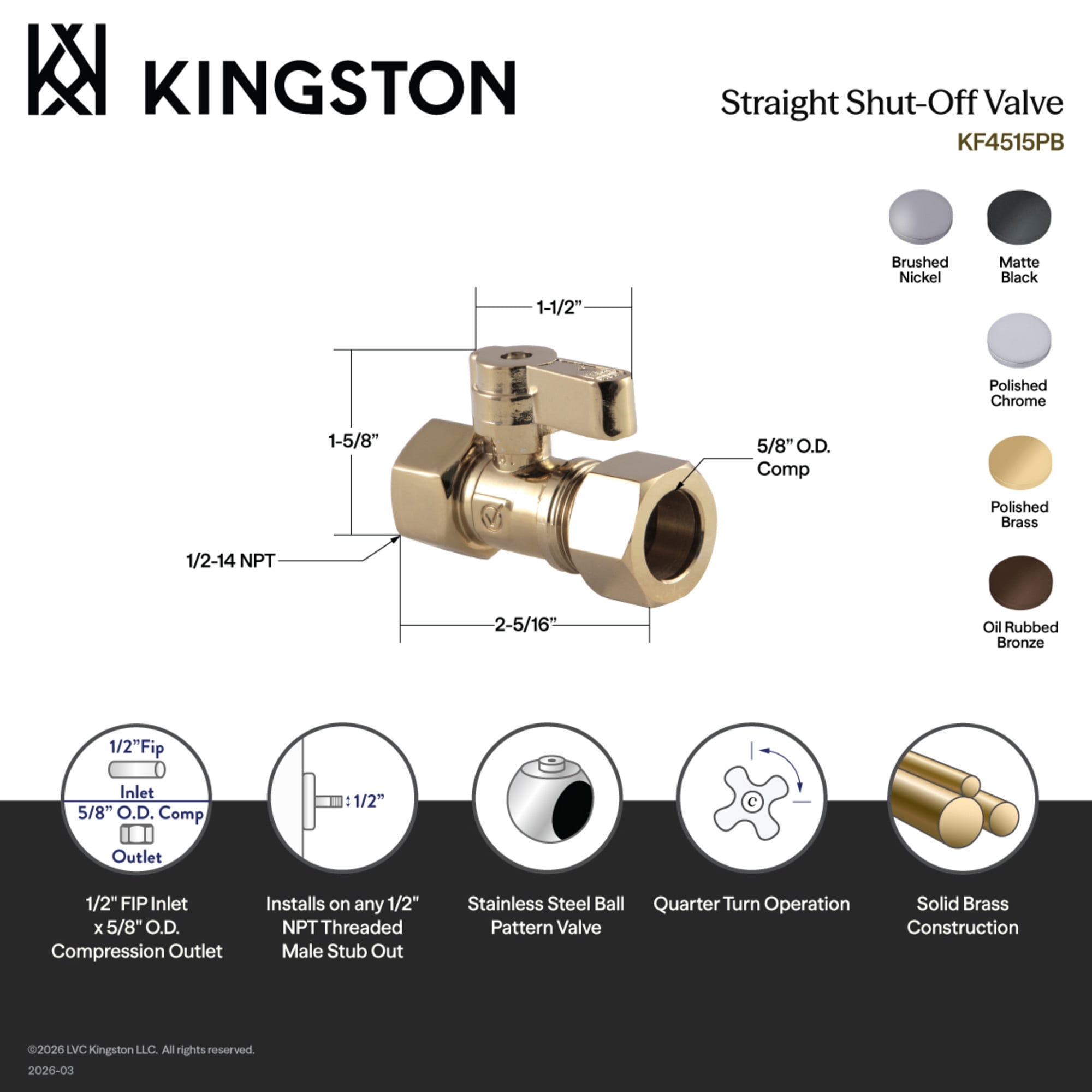 Kingston Brass KF4515MB 1/2-Inch FIP x 5/8-Inch O.D. Comp Quarter-Turn Straight Shut-Off Valve in Matte Black