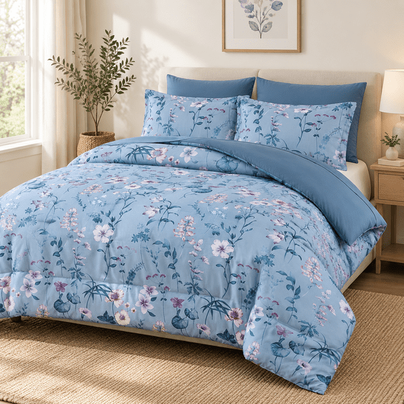 Blue Queen Size 7-Piece Botanical Bed-in-a-Bag Comforter Set