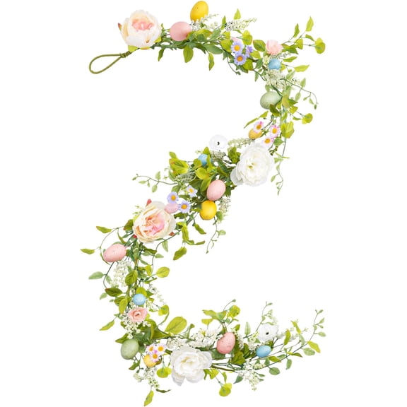 JEWLALO 6FT Easter Peonies Garland, Artificial Easter Egg Garland with White Flowers Peonies Stamens for Indoor Outdoor Home Fireplace Decorations