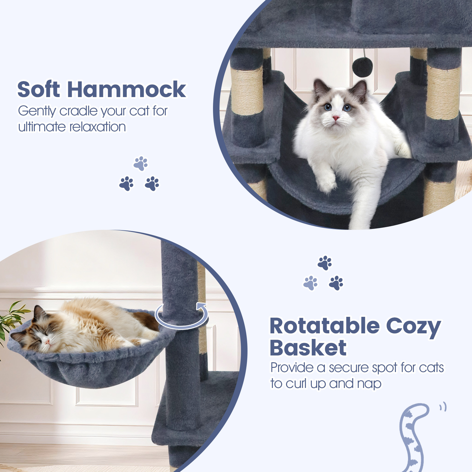 Gymax 66'' Tall Cat Tree w/2 Condos Sisal Scratching Posts Plush Perch Hammock Basket Dark Gray