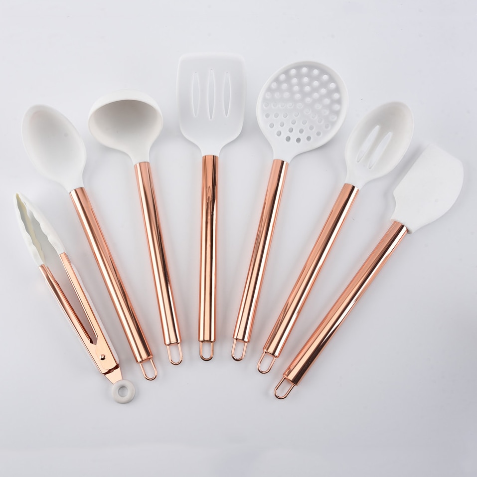 7 Piece Set White Silicone and Copper Cooking Utensils for Modern